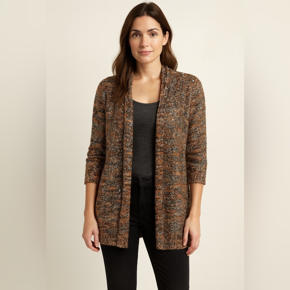 Chico’s Open Front Sequin Knit Cardigan Sweater Women’s Size 2 Brown Multicolor